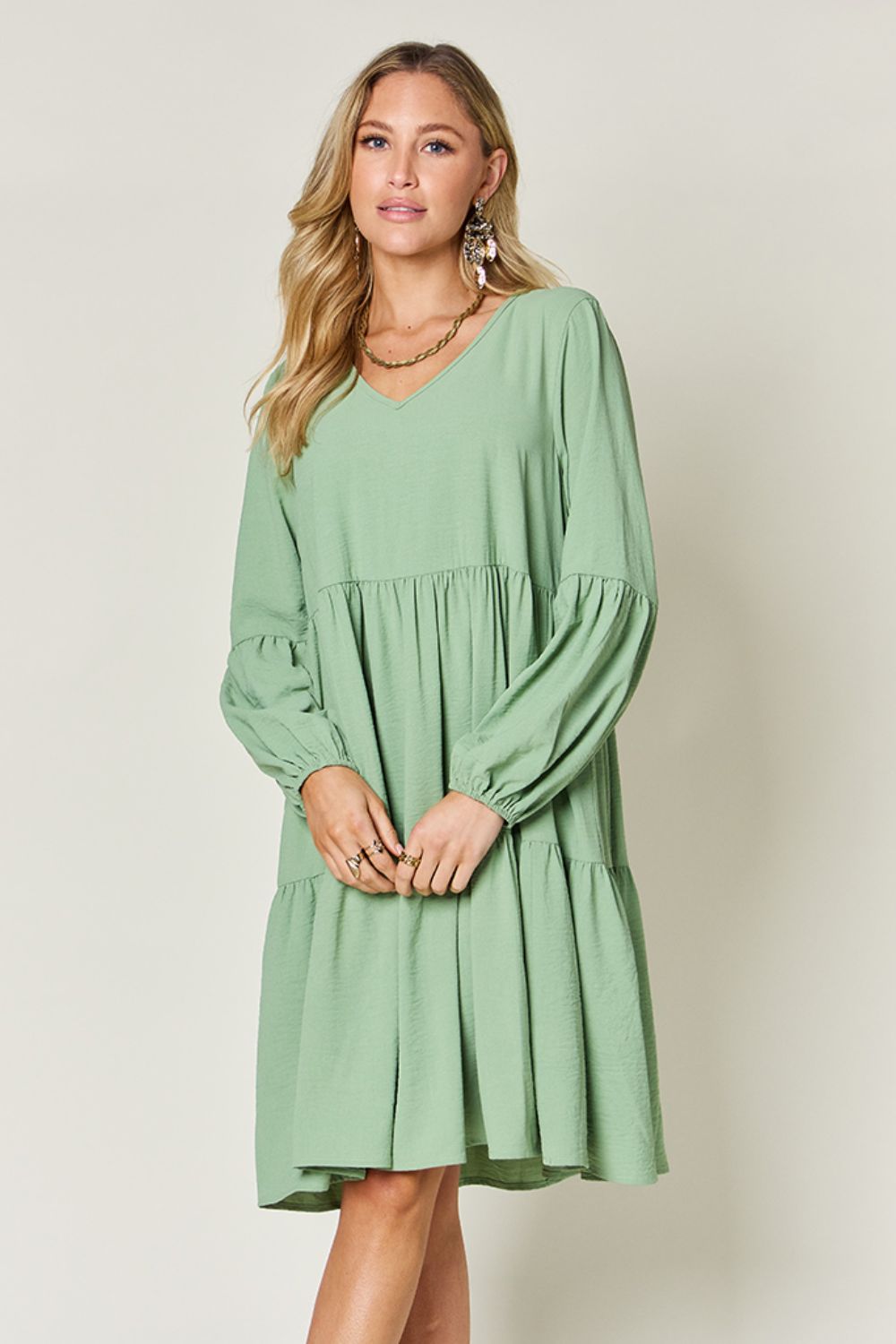 Double Take Full Size V-Neck Balloon Sleeve Tiered Dress